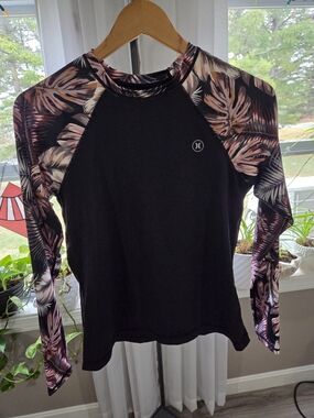 Hurley Black Long-Sleeve Rash Guard with Pink Floral Sleeves